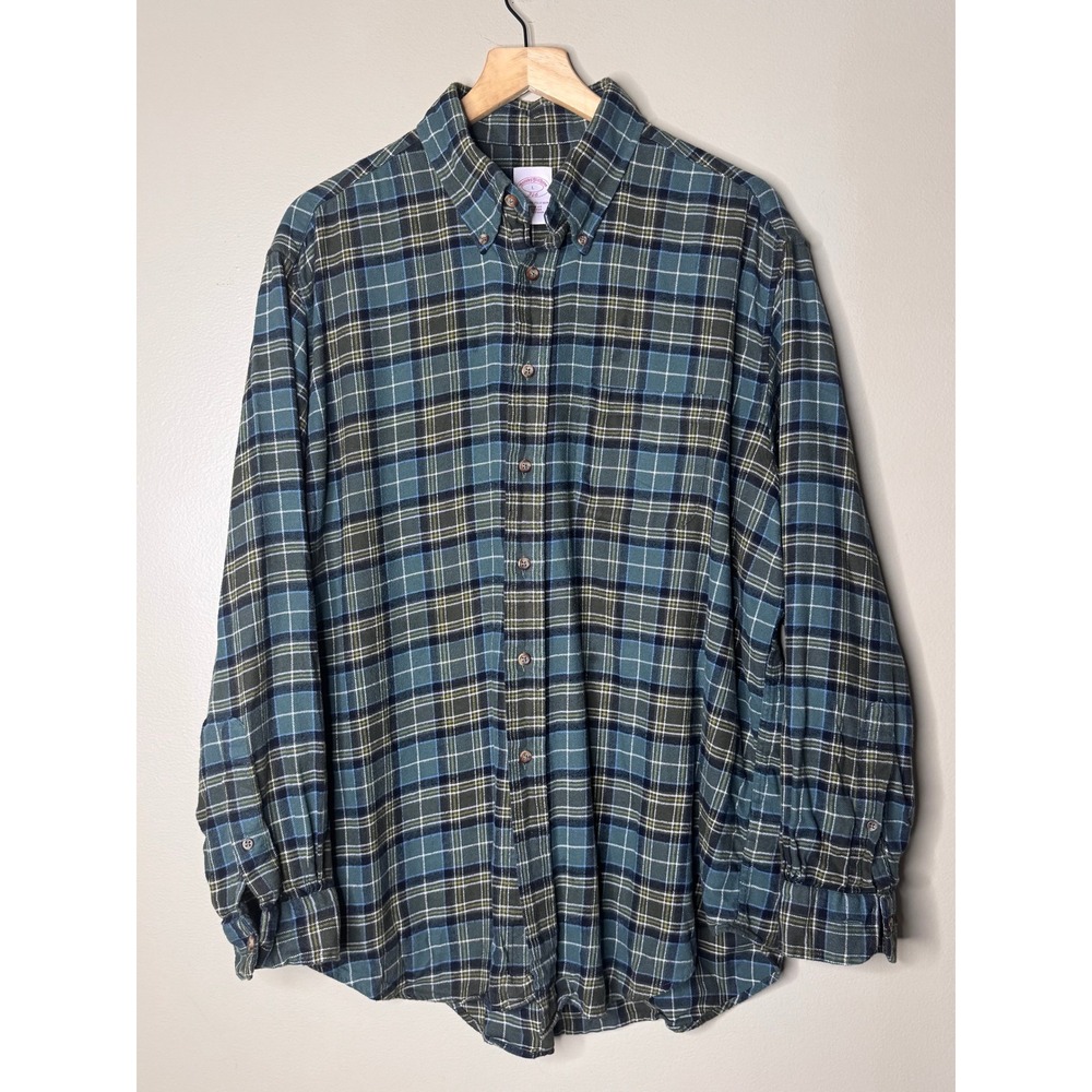 Brooks Brothers 346 Mens Large Plaid Cotton Button Down Shirt Green Blue Regular